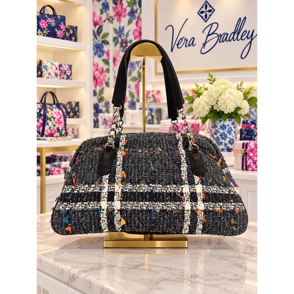 Vera Bradley Grey Confetti Tweed Plaid Satchel Handbag Silver Chain Straps